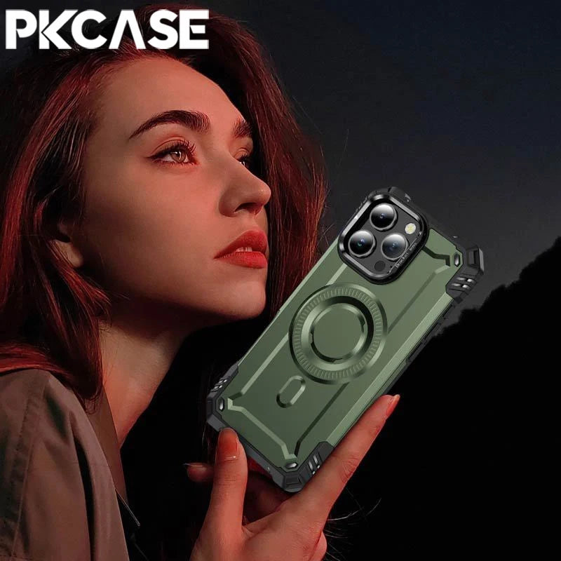 PKCASE Military Shockproof Bracket Case For iPhone 16 15 14 Plus Pro Max For Magsafe Magnetic Armor Cover