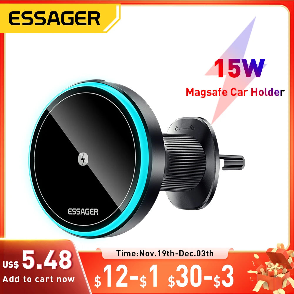 Essager 15W Magnetic Wireless Car Phone Holder Adjustable 360 degrees Car Charger For iPhone15 14 13 Pro Samsung Universal Phone