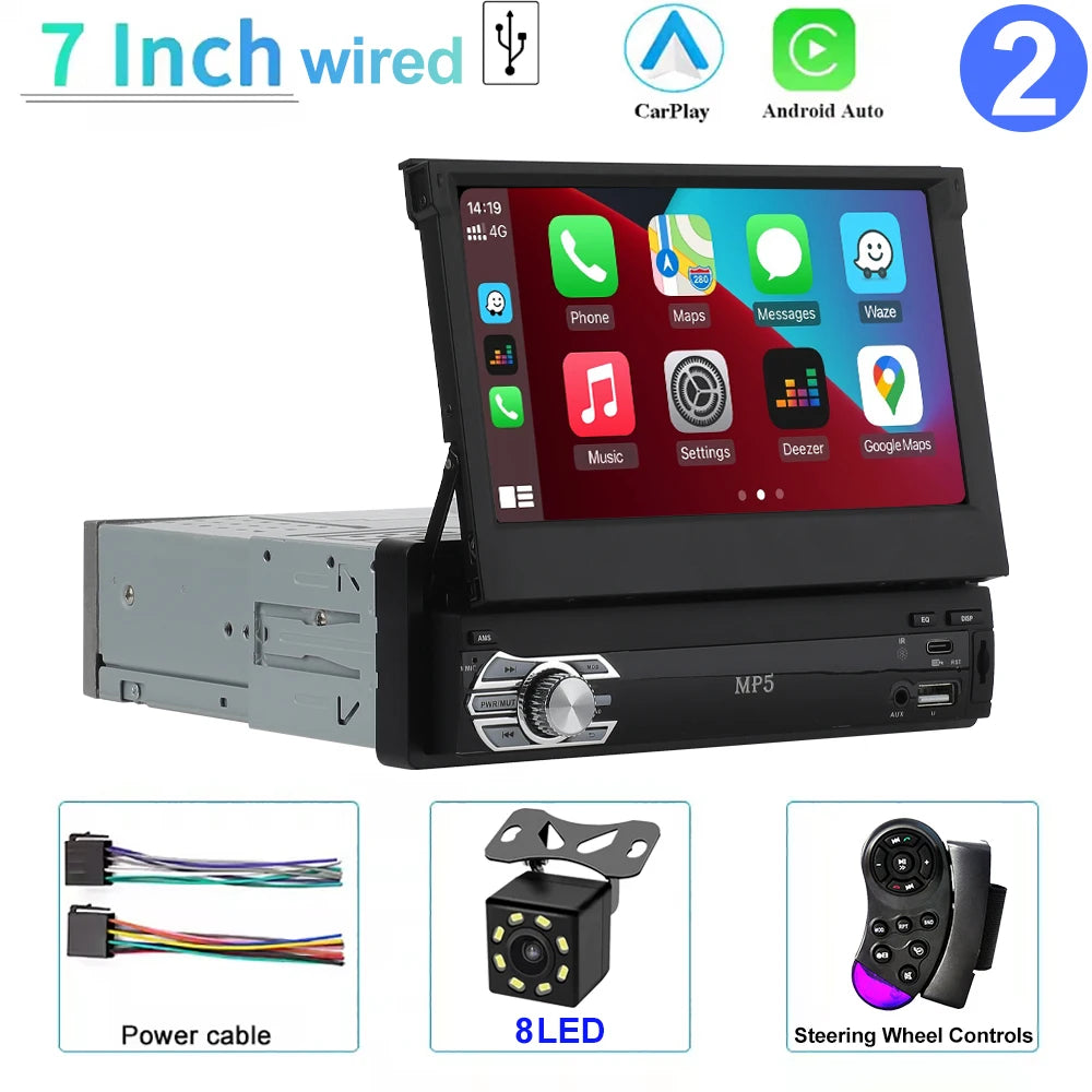 Universal 1 Din MP5 Player 7 Inch Carplay Android Auto Manual Automatic Retractable Touch Screen Car Player FM Radio Mirror Link