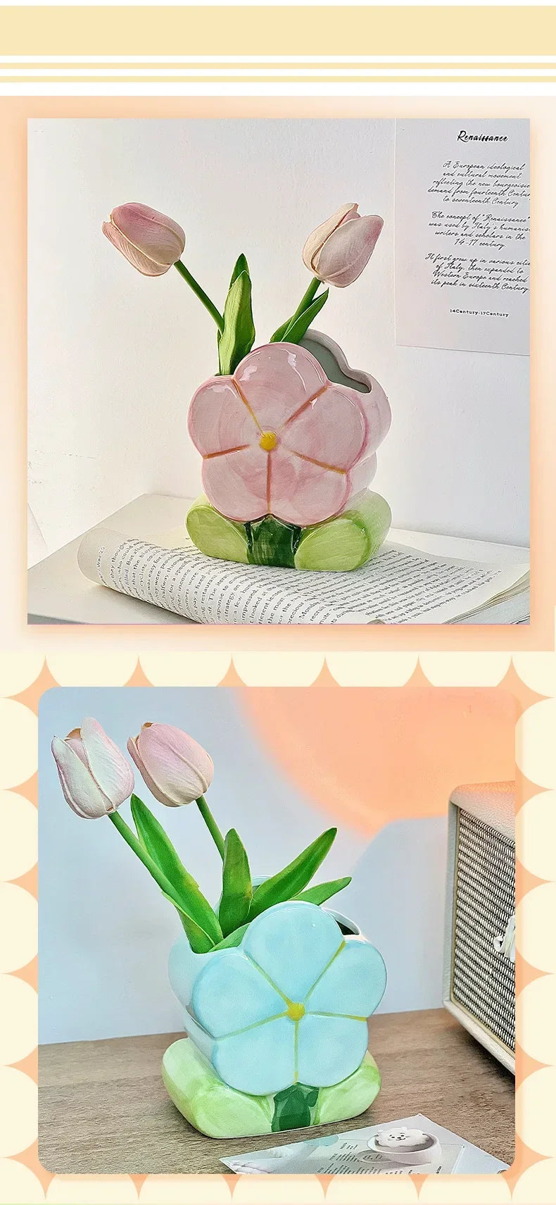 Flower Pen Holder Ceramic Desktop Decoration Desk Office Storage Box Stationery Shelf Storage Tank Living Room Decoration