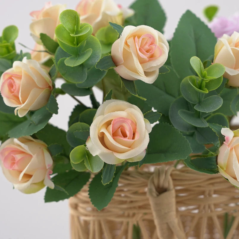 Artificial Flowers Vase For Home Decor Outdoor Garden Valentine Eucalyptus Leaves Fake Plants Wedding Party Silk Roses Bouquet