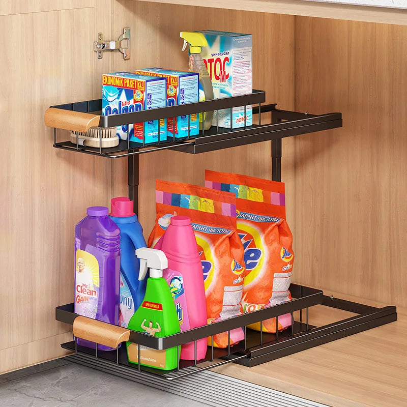 2 Tier Under Sink Organizer Sliding Cabinet Basket Organizer Storage Rack with Hooks Hanging Cup Bathroom Kitchen Organizer