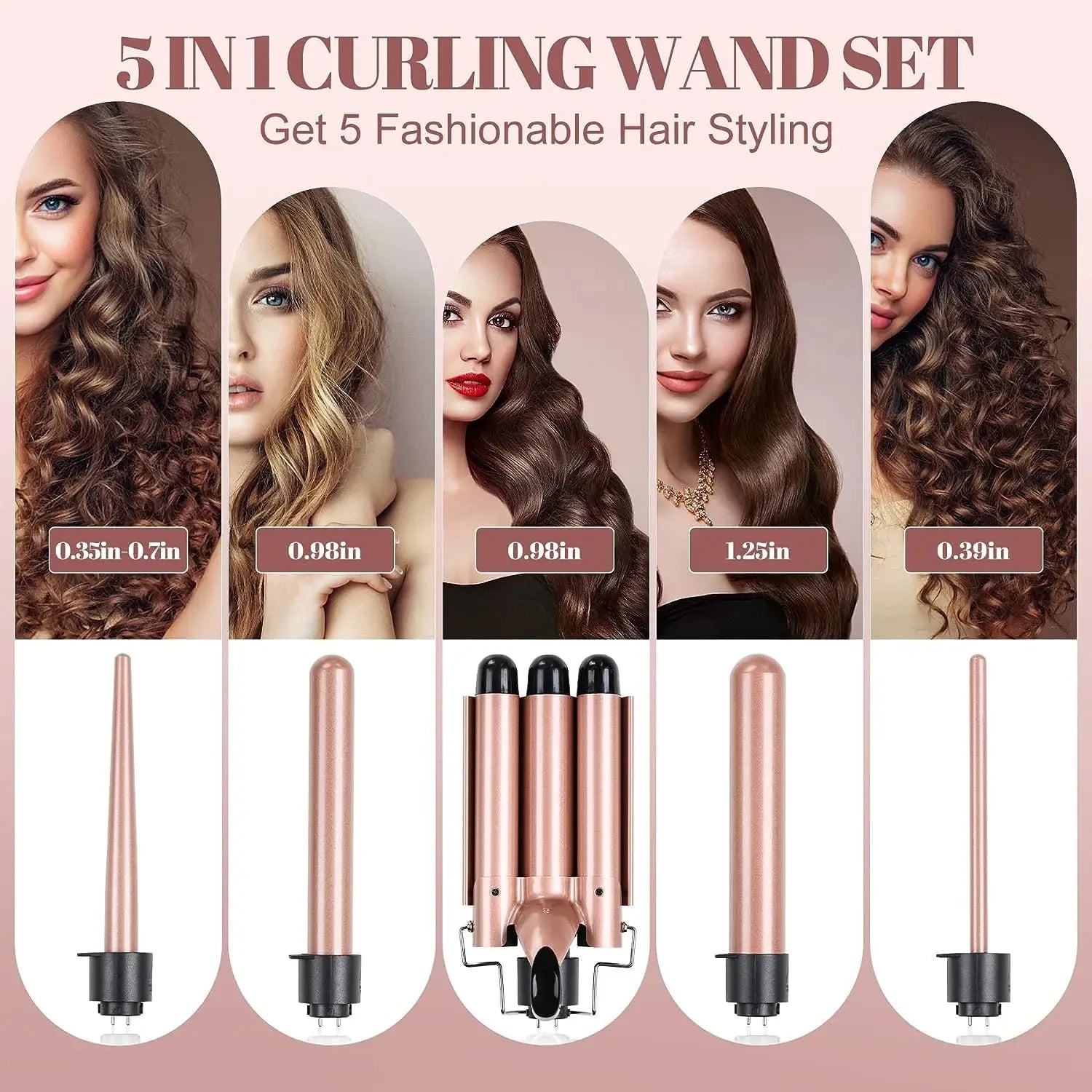 5 in 1 Hair Curlers Set with Curling Brush, 0.35”-1.25” Hair Curler Wand for Hairstyle and Heat Resistant Gloves and Hair Clip