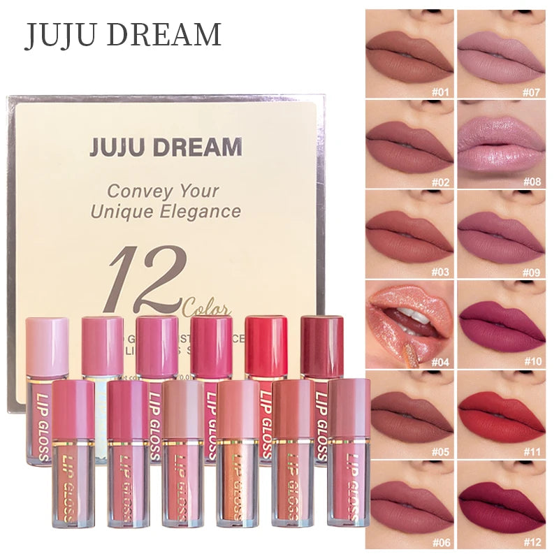 12pcs Matte Lip Glaze Set, Waterproof Long-Lasting Non-Stick Cup,Multi-Color System in Pink, Brown, Red, Purple