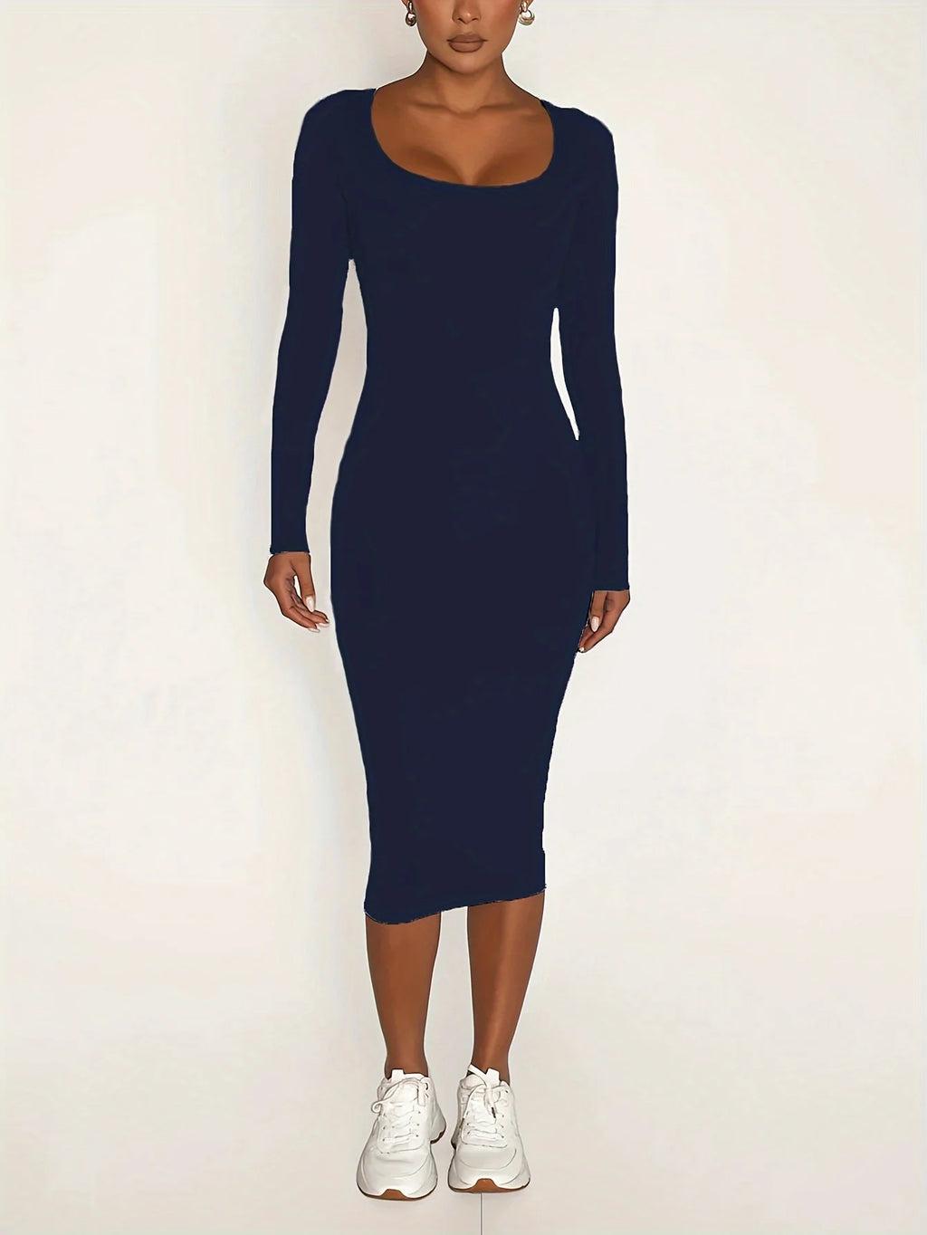 Womens Long Sleeve U-Neck Party Bodycon Midi Jumper Dress Stretch Winter Dresses