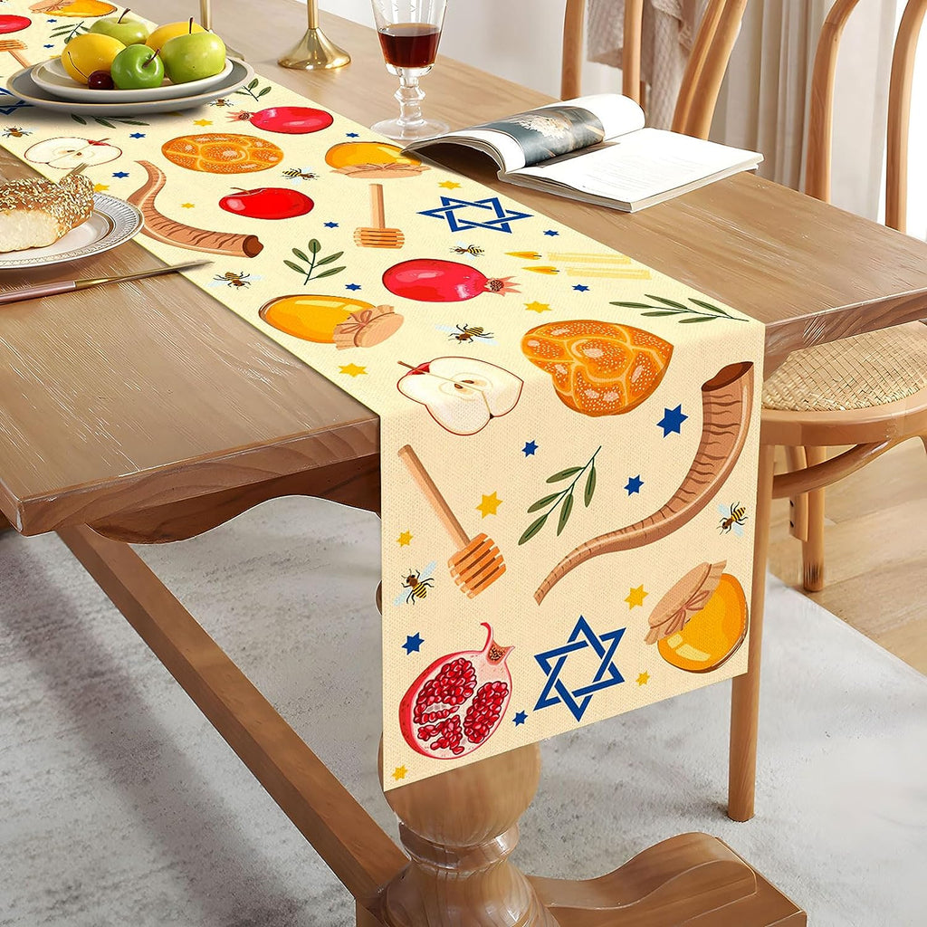 Shana Tova Linen Table Runners Kitchen Dining Decor Rosh Hashanah Jewish New Year Festival Holiday Table Runner Party Decoration