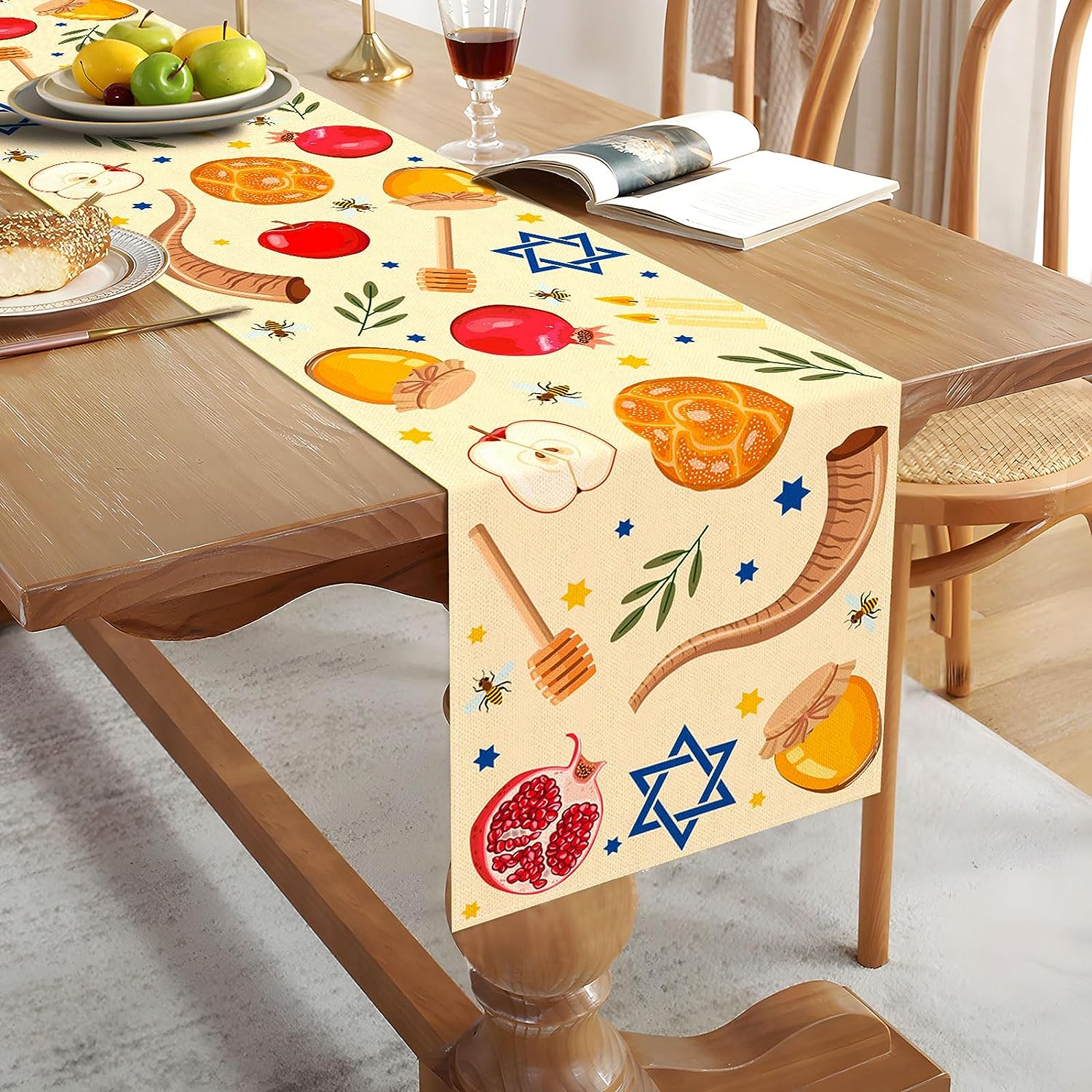 Shana Tova Linen Table Runners Kitchen Dining Decor Rosh Hashanah Jewish New Year Festival Holiday Table Runner Party Decoration