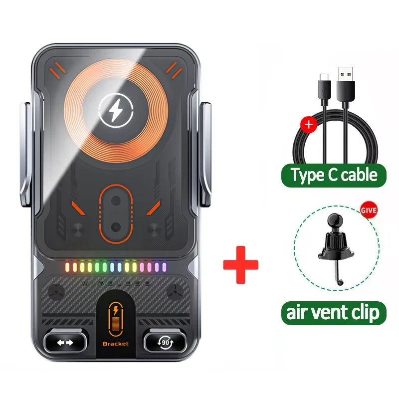 Auto-Clamping RGB Light Car Wireless Charger Phone Holder Stand Touching 360 Rotation Fast Charging Bracket For iPhone Samsung