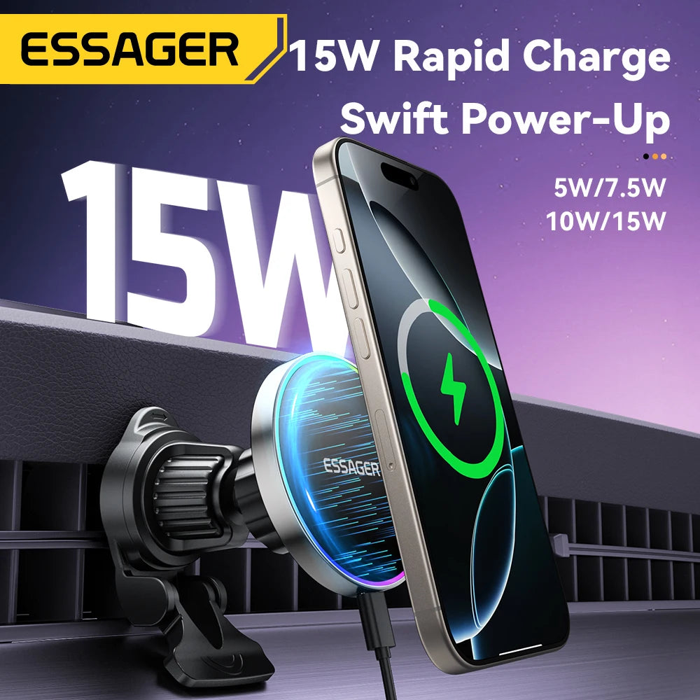 Essager RGB Magnetic Car Phone Holder Qi 15W Wireless Charger For iPhone16 15 14 13 Pro for Magsafe Universal Phone Holder Stand