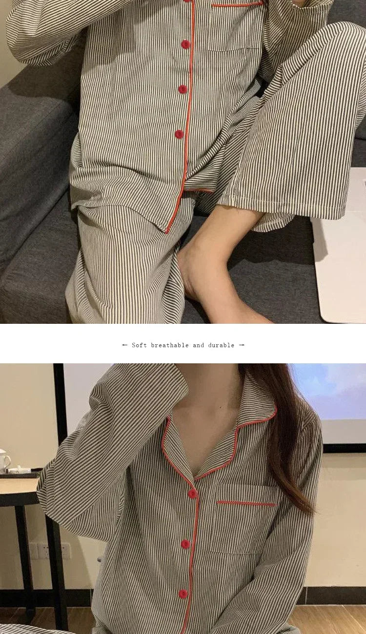 Pajamas Women Long Sleeve Trousers Summer Grey Cardigan Striped Sleepwear Loungewear Two Piece Set Ladies Nightwear Homewear