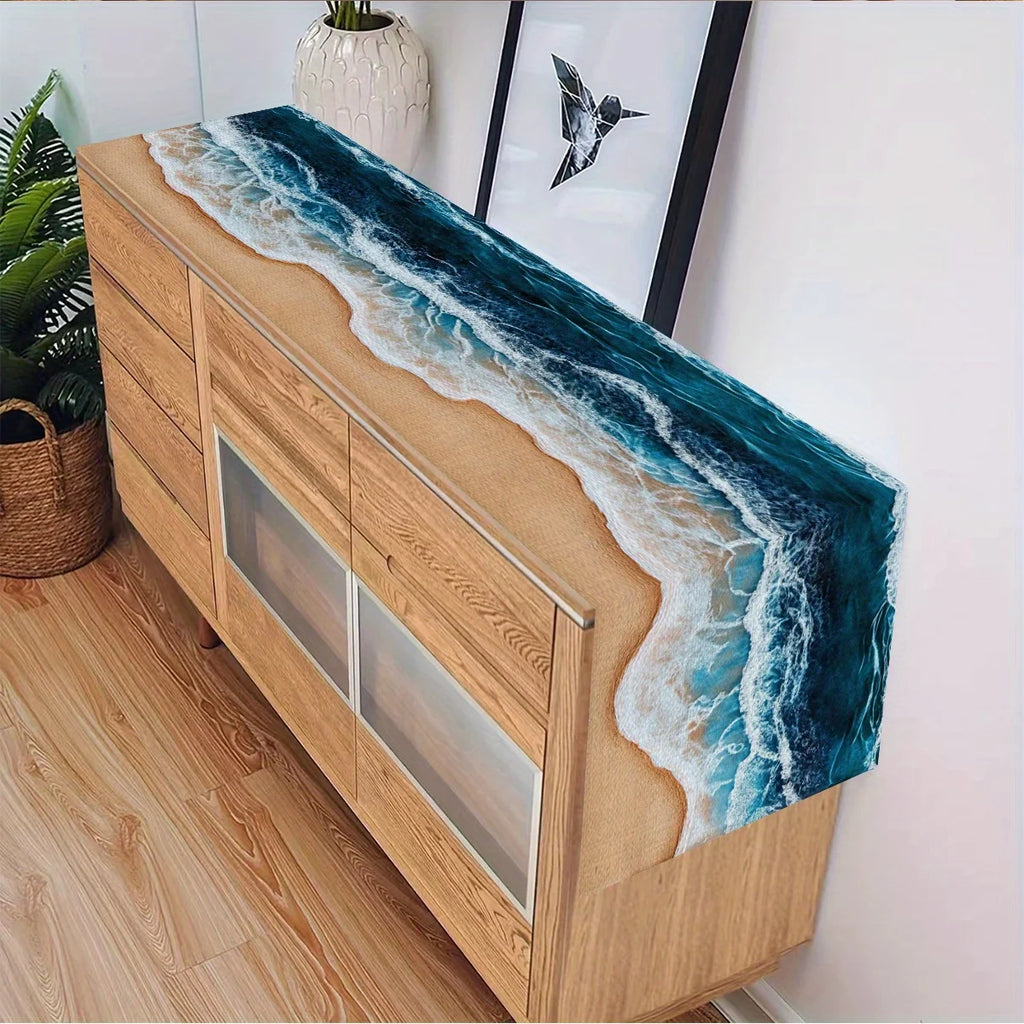 1 Piece Beach Theme Table Runner with Waves and Beach Patterns - Suitable for Home Decoration, Beach Party, Summer Party and Tropical Style Activities