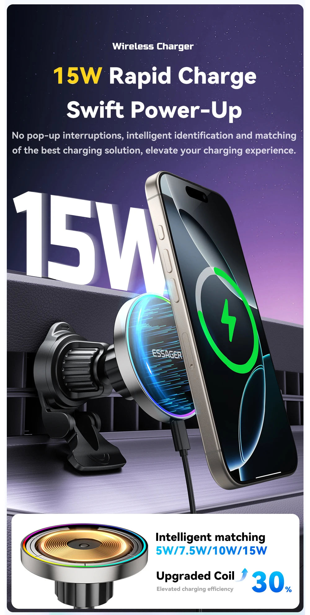 Essager RGB Magnetic Car Phone Holder Qi 15W Wireless Charger For iPhone16 15 14 13 Pro for Magsafe Universal Phone Holder Stand