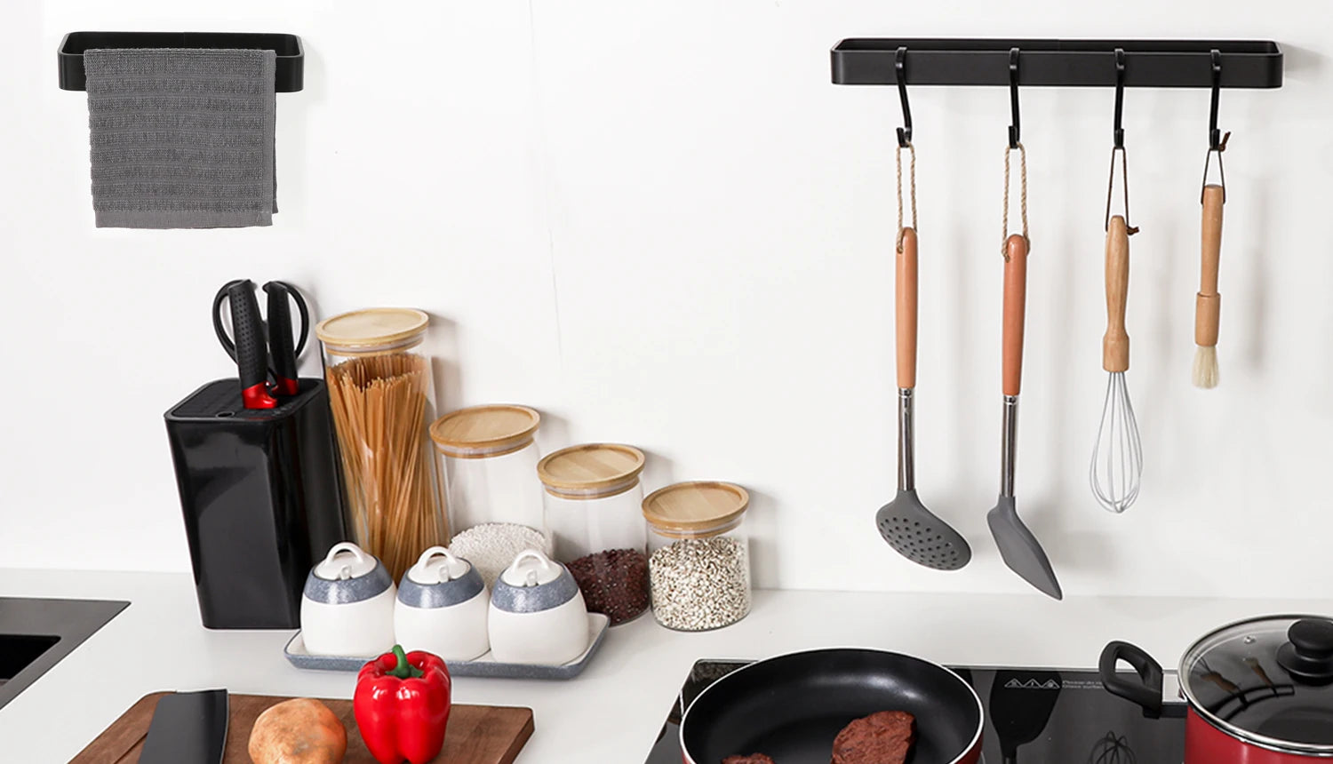 Bathroom Towel Rack Towel Holder 20/30/40CM Black Towel Bar No drill Wall Mount Stainless Steel Kitchen Cabinet Storage