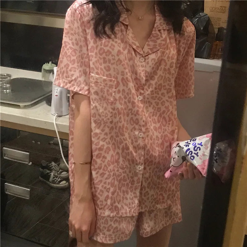 Women's Sleepwear Loungewear Set Short-Sleeved Shorts Pajamas Homewear Cardigan Lapel Leopard Print Sweet Cartoon Nightwear