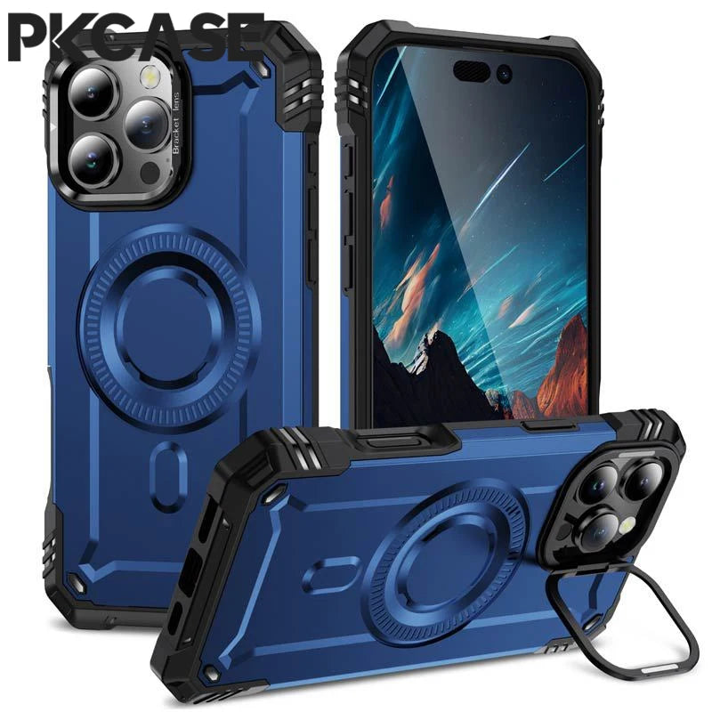 PKCASE Military Shockproof Bracket Case For iPhone 16 15 14 Plus Pro Max For Magsafe Magnetic Armor Cover