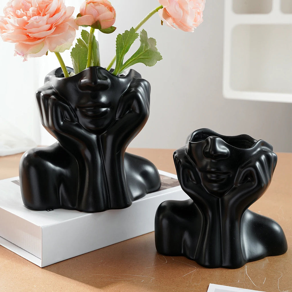 1PC, a modern and simple resin double-hand face support design household vase, which can be given as a gift