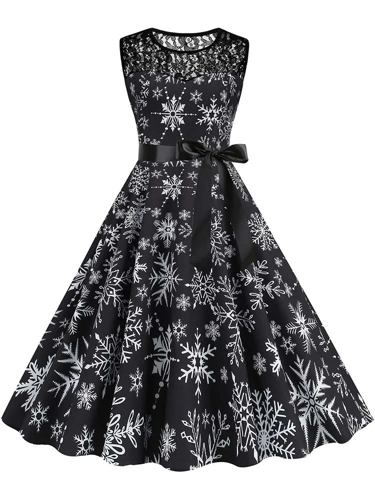 Christmas Dress Women Vintage 50s Lace Sleeveless Print Party A Line Santa Claus Sundress Runway Midi Pinup Flare Dresses