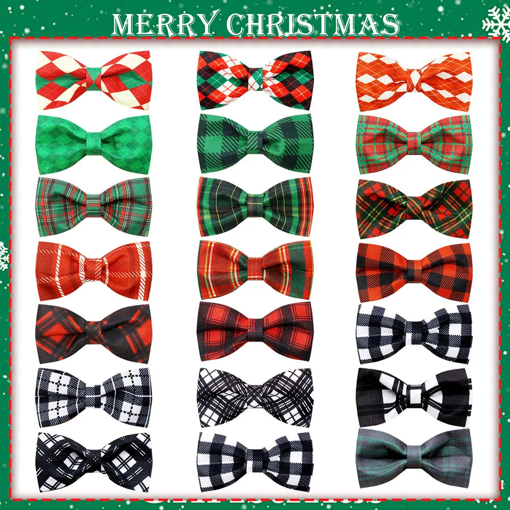 5PCS Christmas Classical Plaid Dog Bow Ties With Elastic Bands Movable Pet Dog Collars Dog Supplies Pet Grooming Accessories
