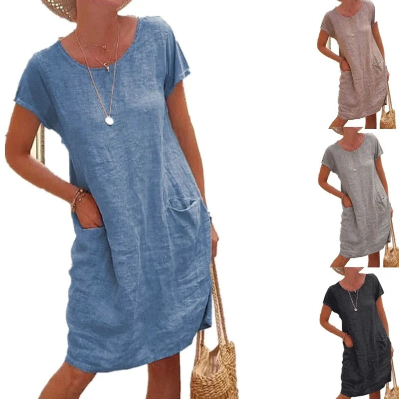 Women's Solid Color Large Pocket Loose Short Sleeved Dress for Summer Comfort