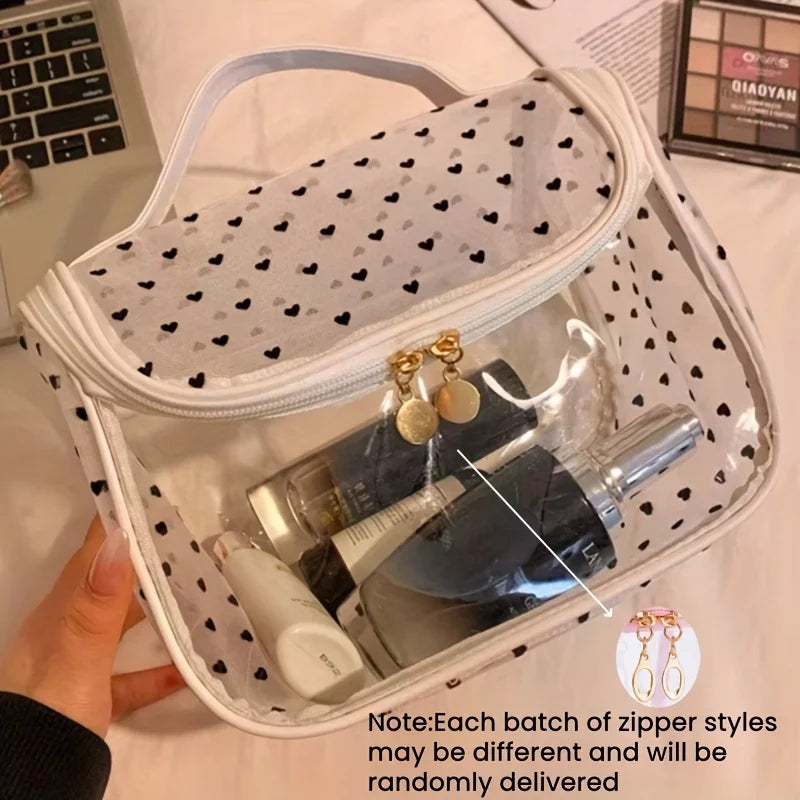 1pc Large Capacity Heart Mesh Makeup Bag Frosted Transparent Cosmetic Toiletry Organizer Travel Pouch for Office Home or Daily