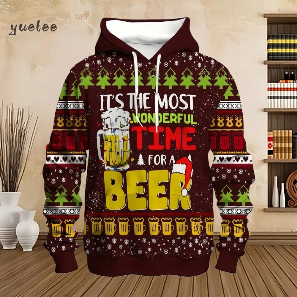 Men's Christmas Beer Hooded Sweater Christmas Party Long Sleeve with Drawstring Hoodies Comfortable Oversize Sweatshirt for Men