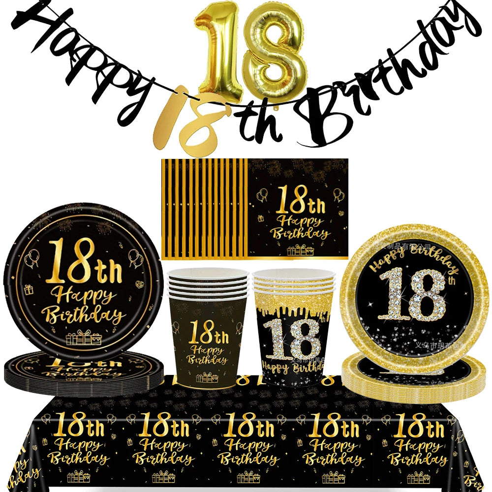 18th Birthday Decors for Boys Girls Black Gold Party Banner Balloon Tablecloth Plate Cup Napkin 18 Years Birthday Party Supplies