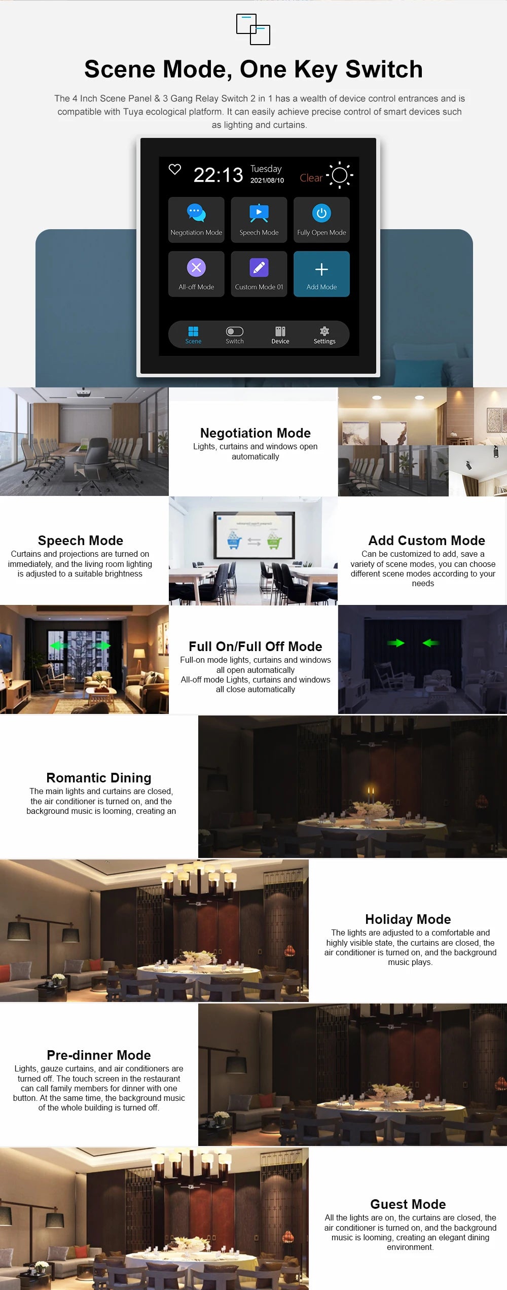 FUERS 4 Inch Touch Screen Multi-functional Smart Wall Switch T3E Switch Scene Panel Intelligent Home Touch Screen Zigbee