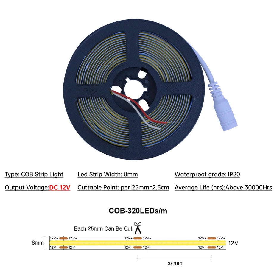 12V COB LED Strip Light 320LEDs/m 0.5m-5m with Power Supply & Bluetooth Controller for Warm/Neutral/Cold White Cabinet Lighting