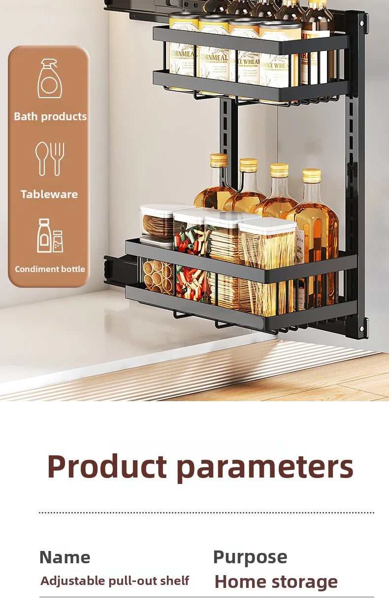 Large-Capacity Pull-Out Storage Cabinet for Home Kitchens Adjustable Under-Sink Storage Shelf with Sliding Mechanism