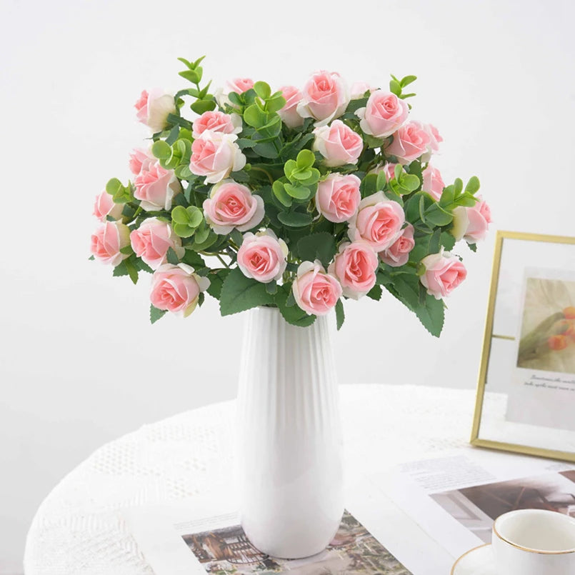 Artificial Flowers Vase For Home Decor Outdoor Garden Valentine Eucalyptus Leaves Fake Plants Wedding Party Silk Roses Bouquet