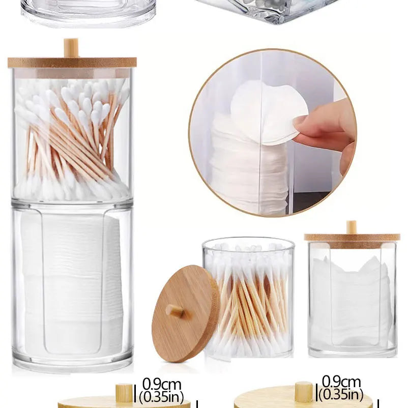 Acrylic Storage Box Bathroom Jar Makeup Organizer Cotton Round Pad Holder Cotton Holder Dispenser with Bamboo Lid Clear Plastic