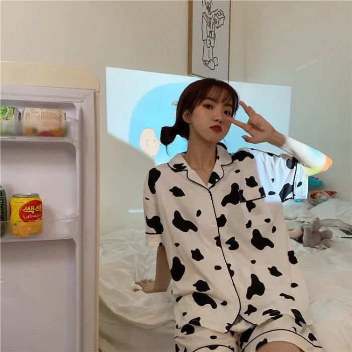 Women's Sleepwear Loungewear Set Short-Sleeved Shorts Pajamas Homewear Cardigan Lapel Leopard Print Sweet Cartoon Nightwear