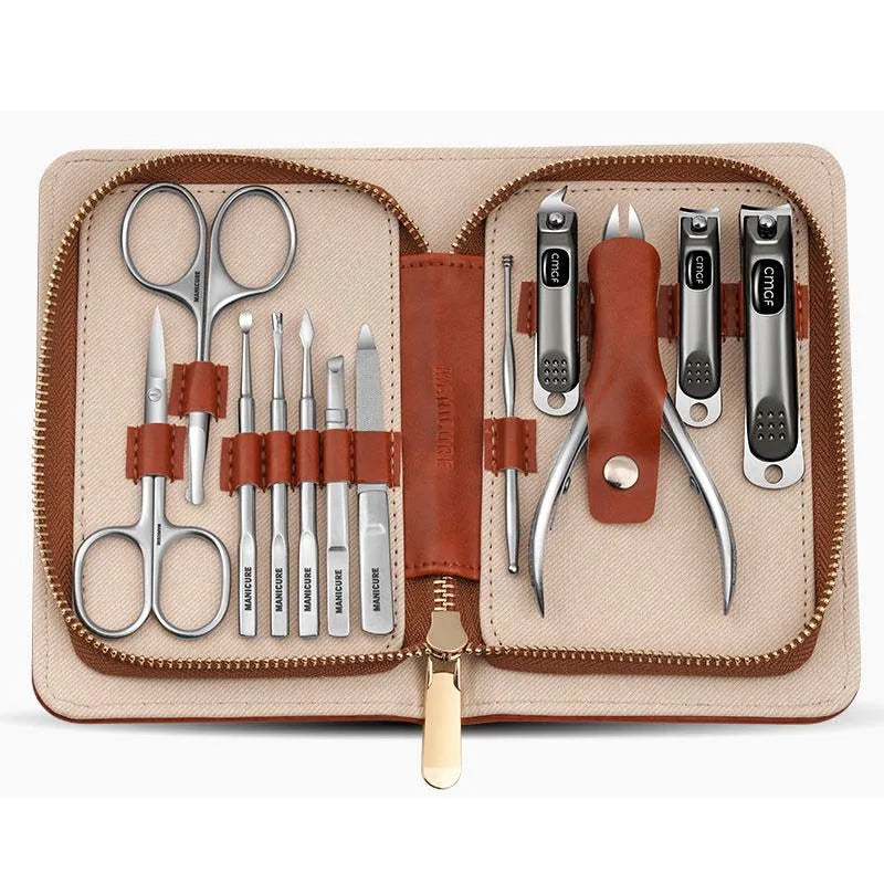Manicure Set With Morandi Grey Top-Grade Full Grain Cow Leather Packaging Nail Clipper Kits Perfect Gift Friends Family