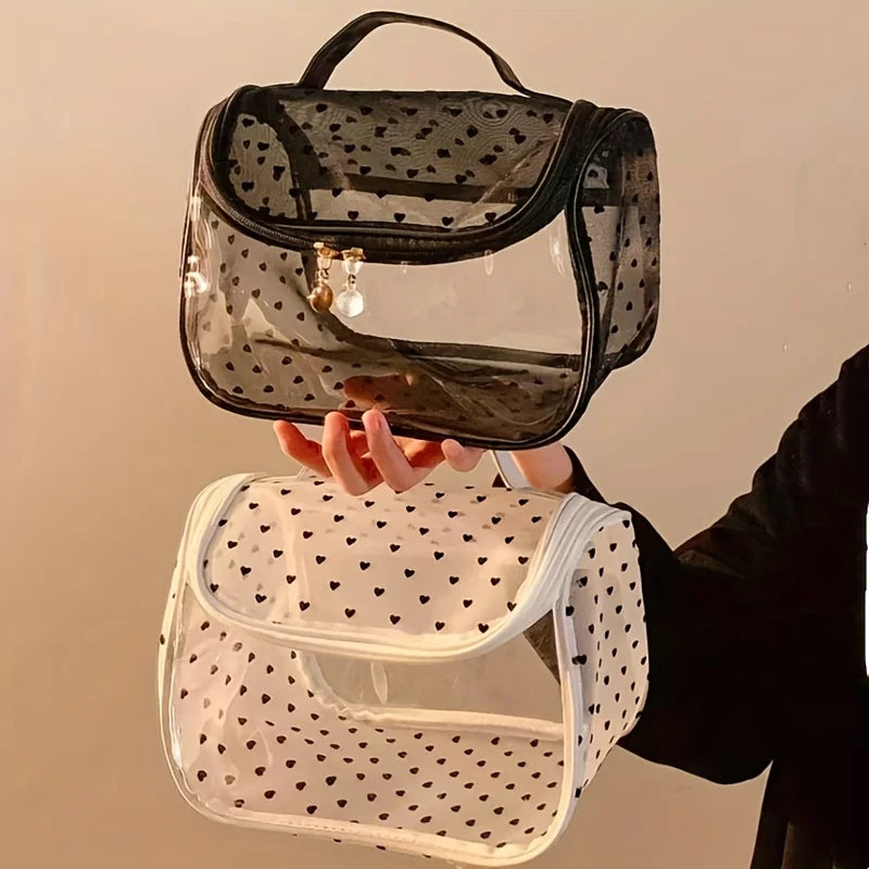 1pc Large Capacity Heart Mesh Makeup Bag Frosted Transparent Cosmetic Toiletry Organizer Travel Pouch for Office Home or Daily
