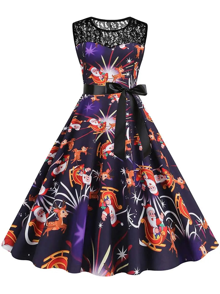 Christmas Dress Women Vintage 50s Lace Sleeveless Print Party A Line Santa Claus Sundress Runway Midi Pinup Flare Dresses