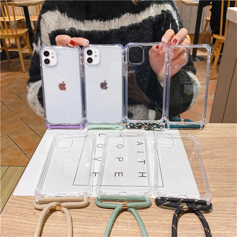 Lanyard Strap Crossbody Cord Rope Clear Case For iPhone 17 16 15 14 13 Pro Max 12 11 XR Mini 7 8 Plus Shockproof Acrylic Cover
