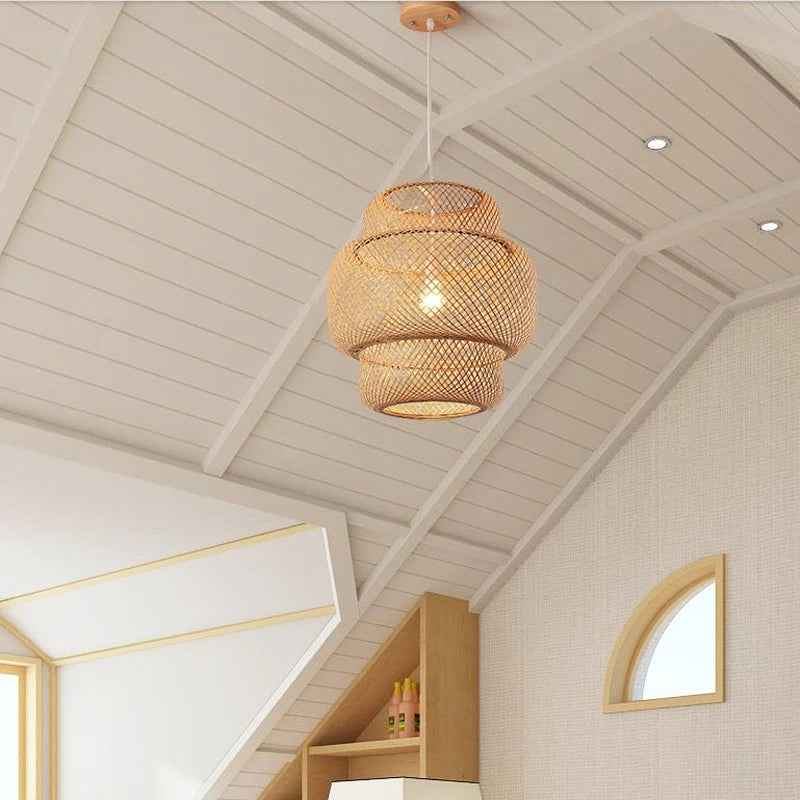 Bamboo Hanging Lamp Pendant Ceiling Light Rattan Wicker Lustre Hand Knit Braiding Suspended Home Dining люстра потол
