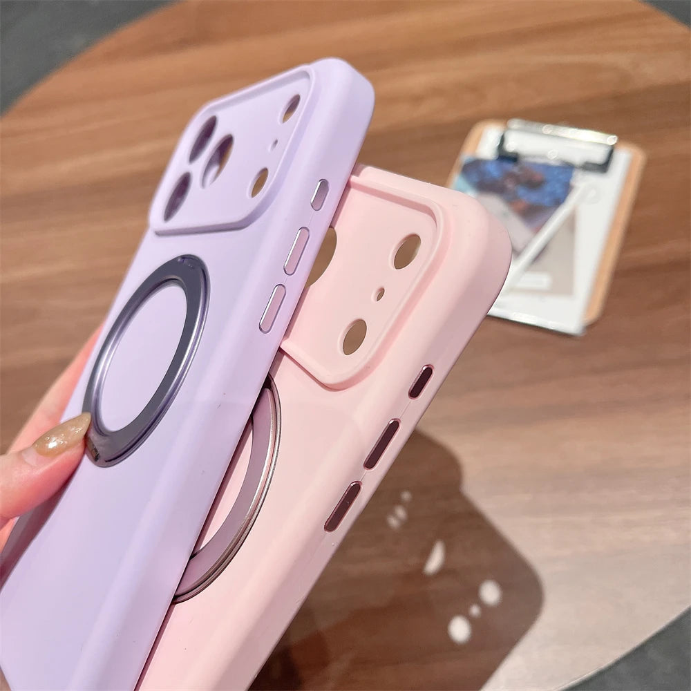 Simple INS Candy Color Liquid Silicone Case For IPhone 17Pro Max Air 16 15 14 Magnetic Rotable Bracket Lens Full-pack Back Cover