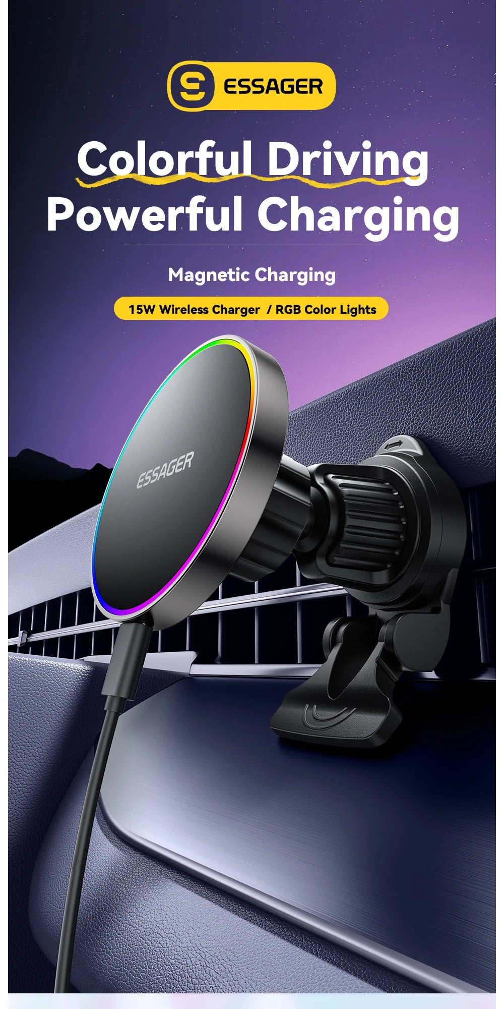 Essager RGB Magnetic Car Phone Holder Qi 15W Wireless Charger For iPhone16 15 14 13 Pro for Magsafe Universal Phone Holder Stand