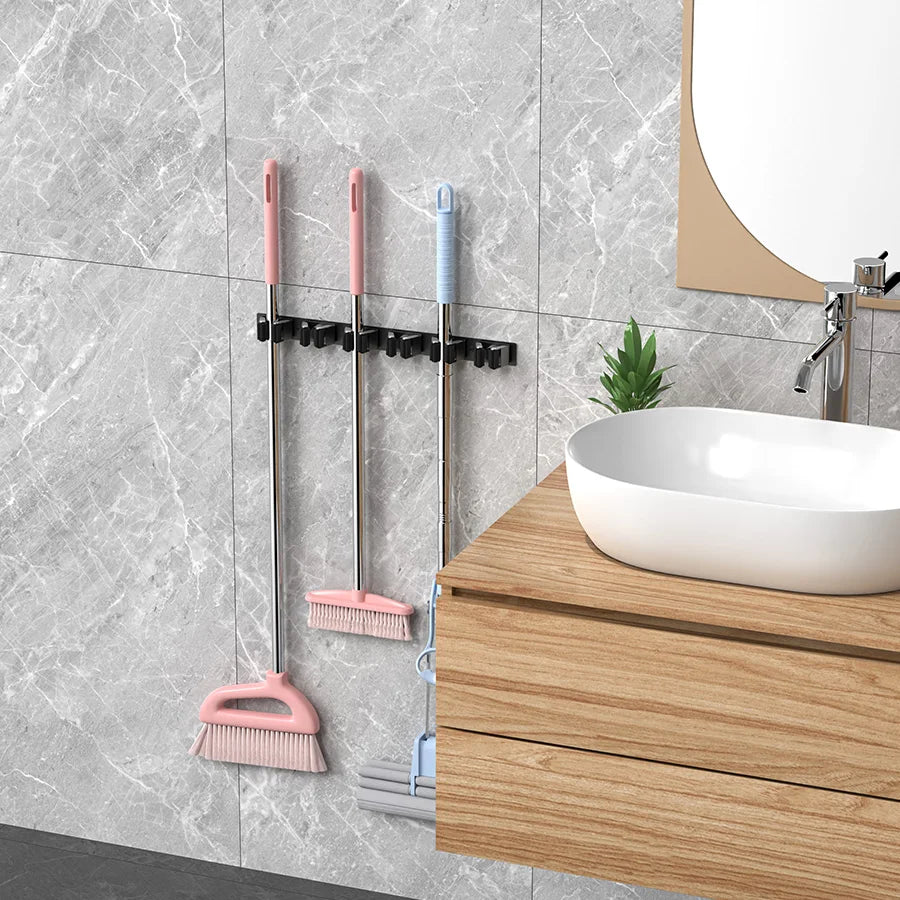 Mop Broom Holder 6 Position Multi-Functional Broom Hanger Shelf Bathroom Organization Accessories Home Kitchen Storage