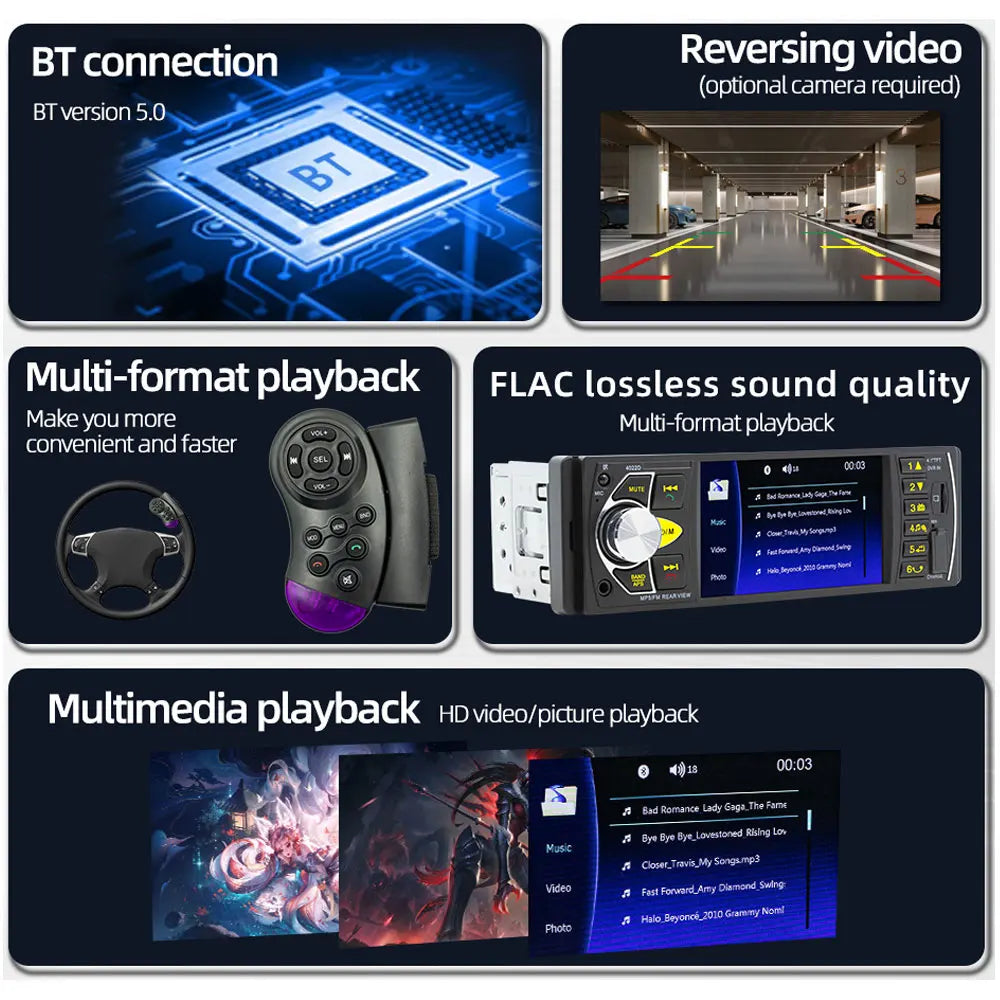 4.1" HD IPS screen car Radio MP5 player smart BT FM USB AUX car radio Hands-free colorful lights Video output Vehicle player 12V