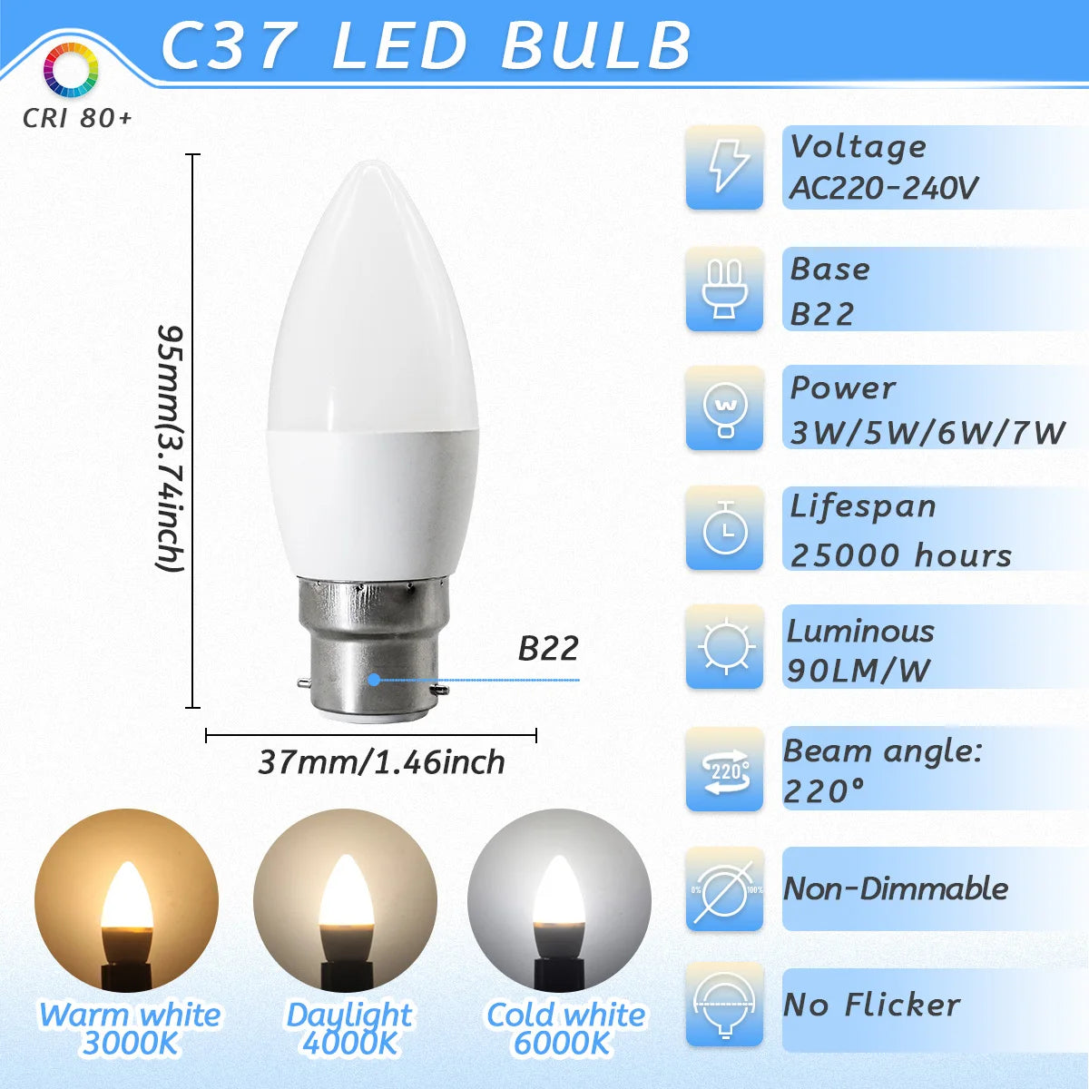 10PCS/LOT LED Candle Light Mini Bulb C37 G45 AC220V E14 E27 B22 Head Light Flicker-free 3W-7W Suitable for Home Study Lighting