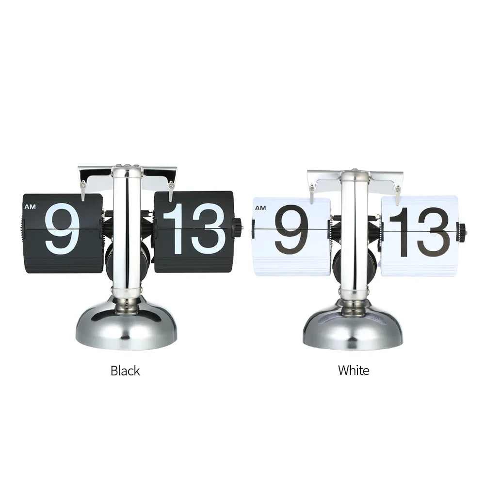 Small Scale Table Clock Retro Flip Over Clock Stainless Steel Flip Internal Gear Operated Quartz Clock Black/White