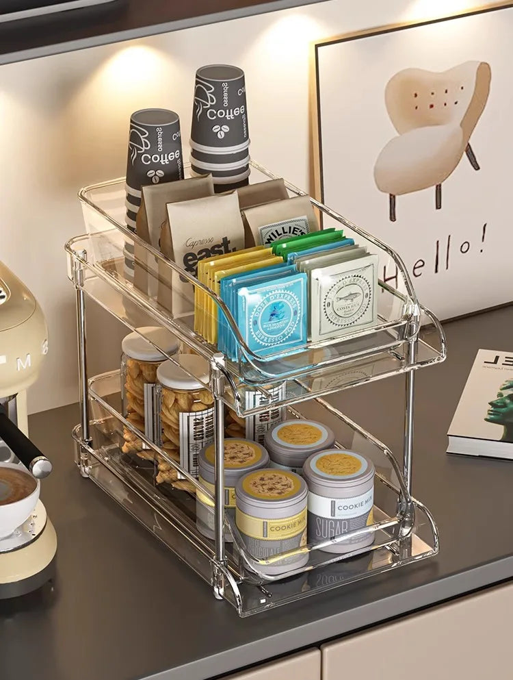Cup Storage Rack Kitchen Cabinet Bar Double Tea Set Mug Holder Multifunctional Sundry Organization Countertop Pull Out Shelf