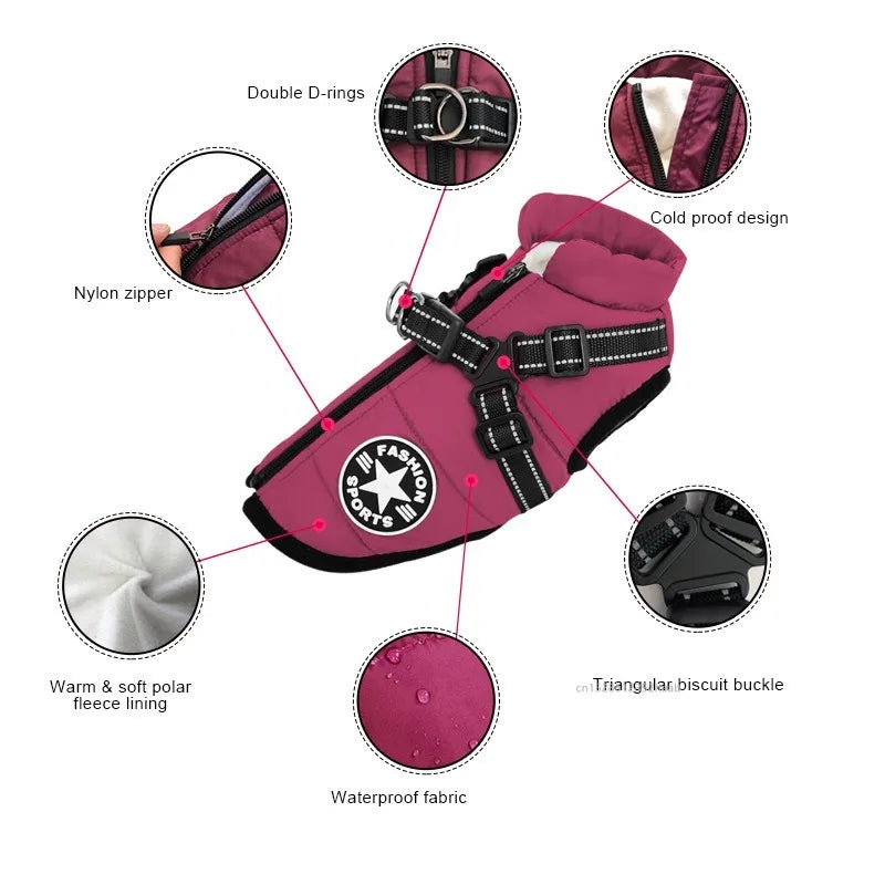 Winter Warm Pet Dog Jacket with Harness Waterproof Dog Coat Vest for Small Medium Chihuahua French Bulldog Outdoor Dog Clothes