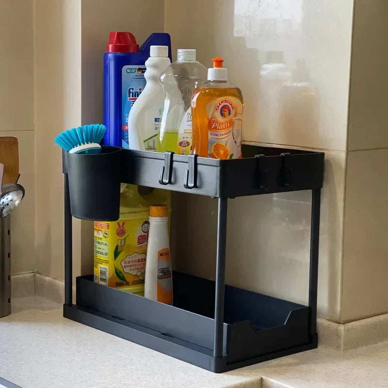 2 Tier Under Sink Organizer Sliding Cabinet Basket Organizer Storage Rack with Hooks Hanging Cup Bathroom Kitchen Organizer