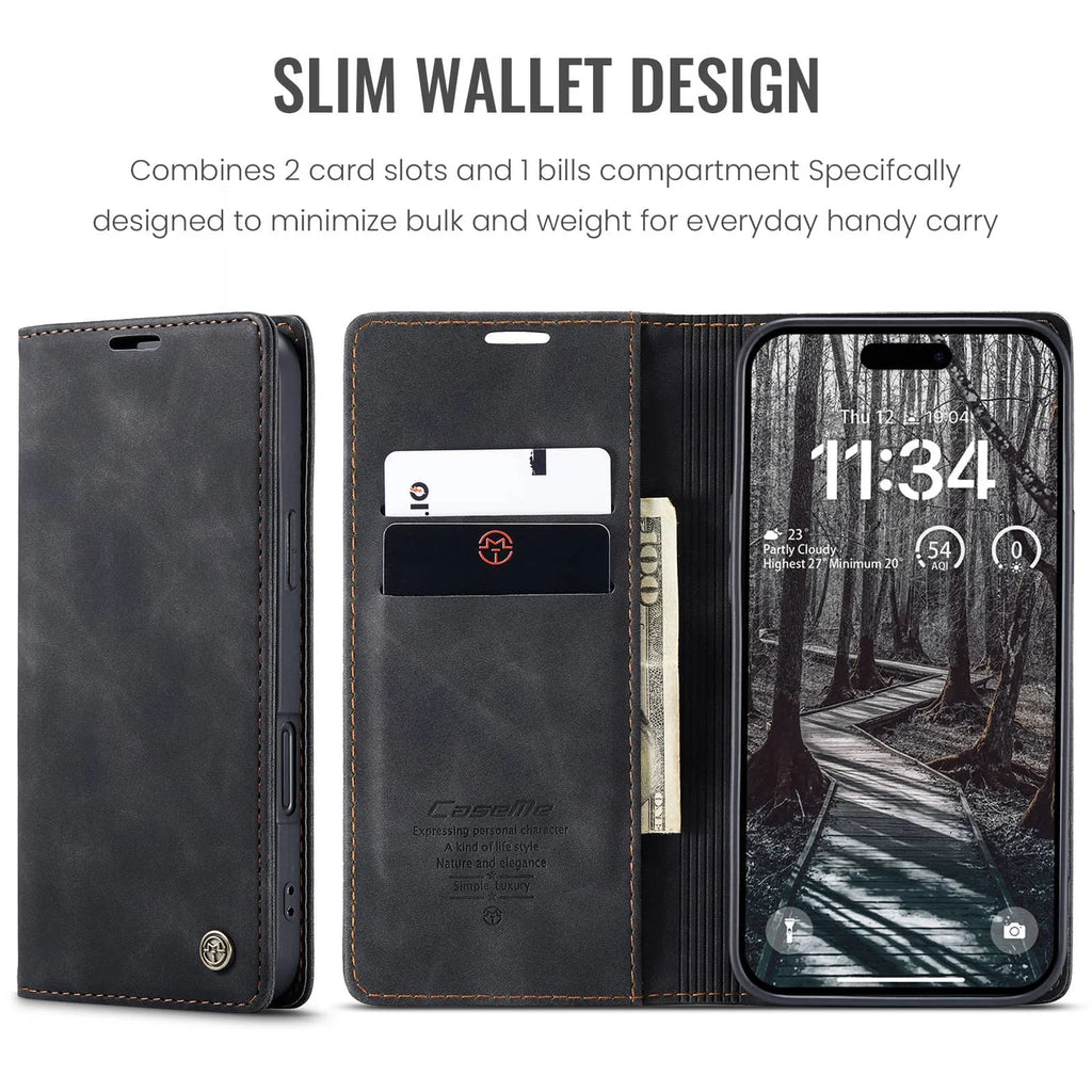 Leather Flip Wallet Case for iPhone 17/17 Pro/17 Pro Max/Air, Magnetic Folio Cover with Card Holder, Shockproof TPU Kickstand