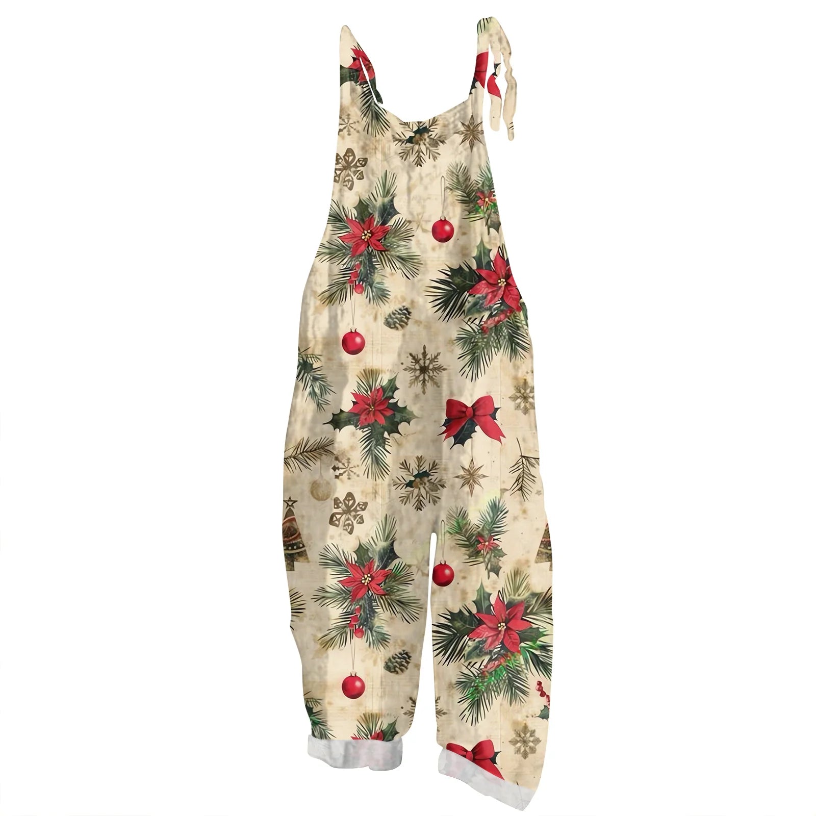 2025 Women's Fashion Christmas Printed Casual Loose Vintage Strappy Jumpsuit Retro Festival Pants New Year Themed Clothing
