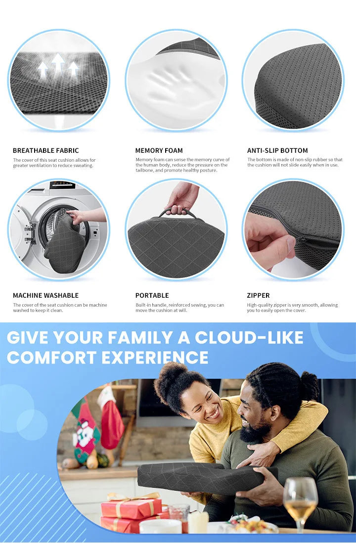 Office Cushions Car Seat Cushion Non-Slip Sciatica & Back Coccyx Tailbonepain Relief Chair Pad Memory Foam Butt Pillow