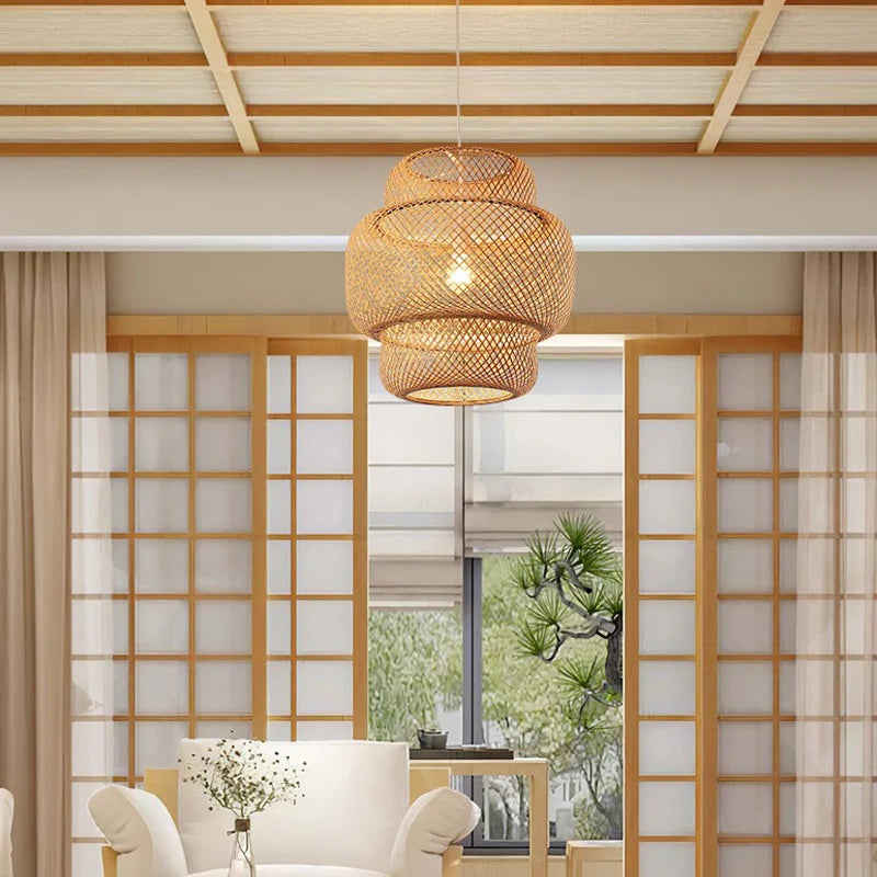 Bamboo Hanging Lamp Pendant Ceiling Light Rattan Wicker Lustre Hand Knit Braiding Suspended Home Dining люстра потол